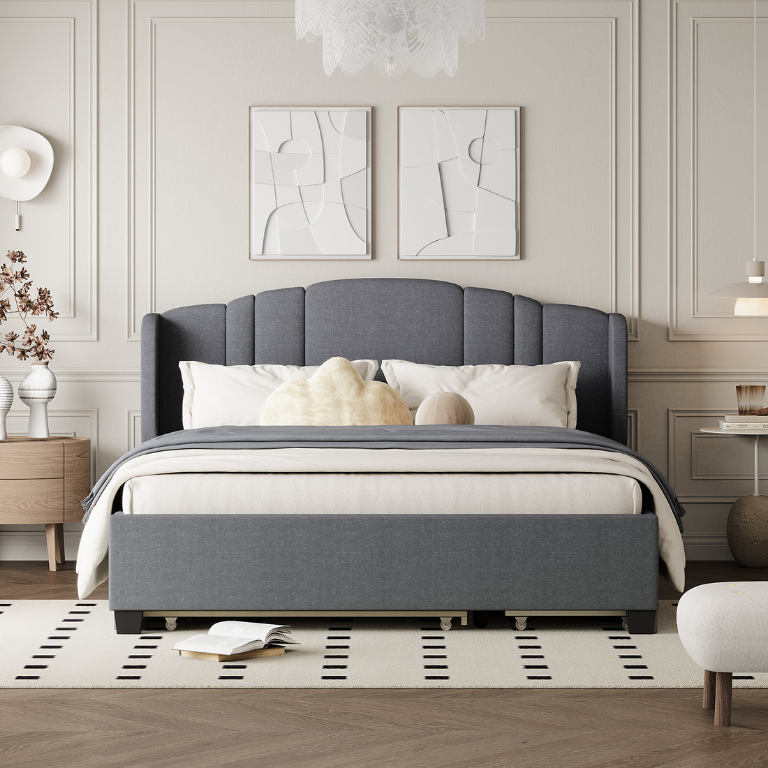 Upholstered Platform Bed With Wingback Headboard, One Twin Trundle And 2 Drawers, No Box Spring Needed, Linen Fabric, Queen Size Gray Gray Linen