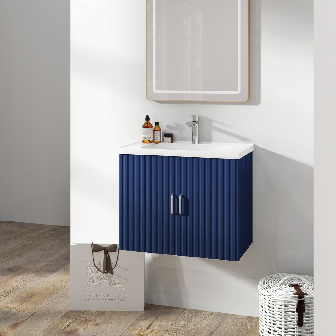 24" Floating Wall Mounted Bathroom Vanity With White Porcelain Sink And Soft Close Doors Blue Ceramic Mdf