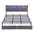 King Bed Frames With Storage Headboard And Drawers, Led Platform Bed Frame King Size, Led Upholstered Bed Frame With Charging Station, No Box Spring Needed, Easy Assembly, Grey Box Spring Not Required King Gray Metal Bedroom Bed Frame Mdf Metal