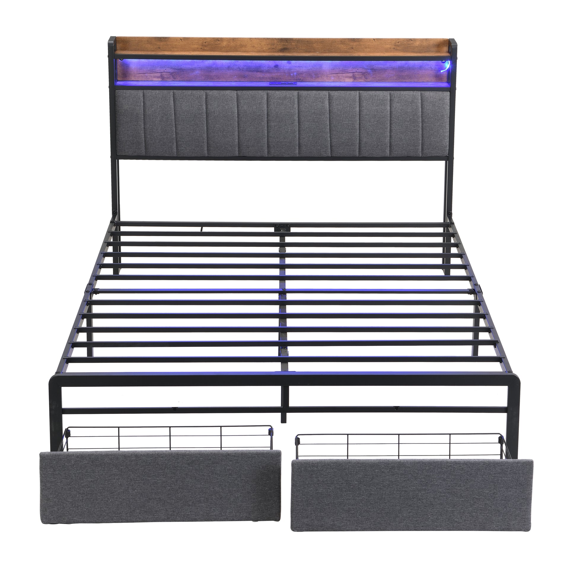Queen Bed Frames With Storage Headboard And Drawers, Led Platform Bed Frame Queen Size, Led Upholstered Bed Frame With Charging Station, No Box Spring Needed, Easy Assembly, Grey Box Spring Not Required Gray Metal Bedroom Bed Frame Mdf Metal