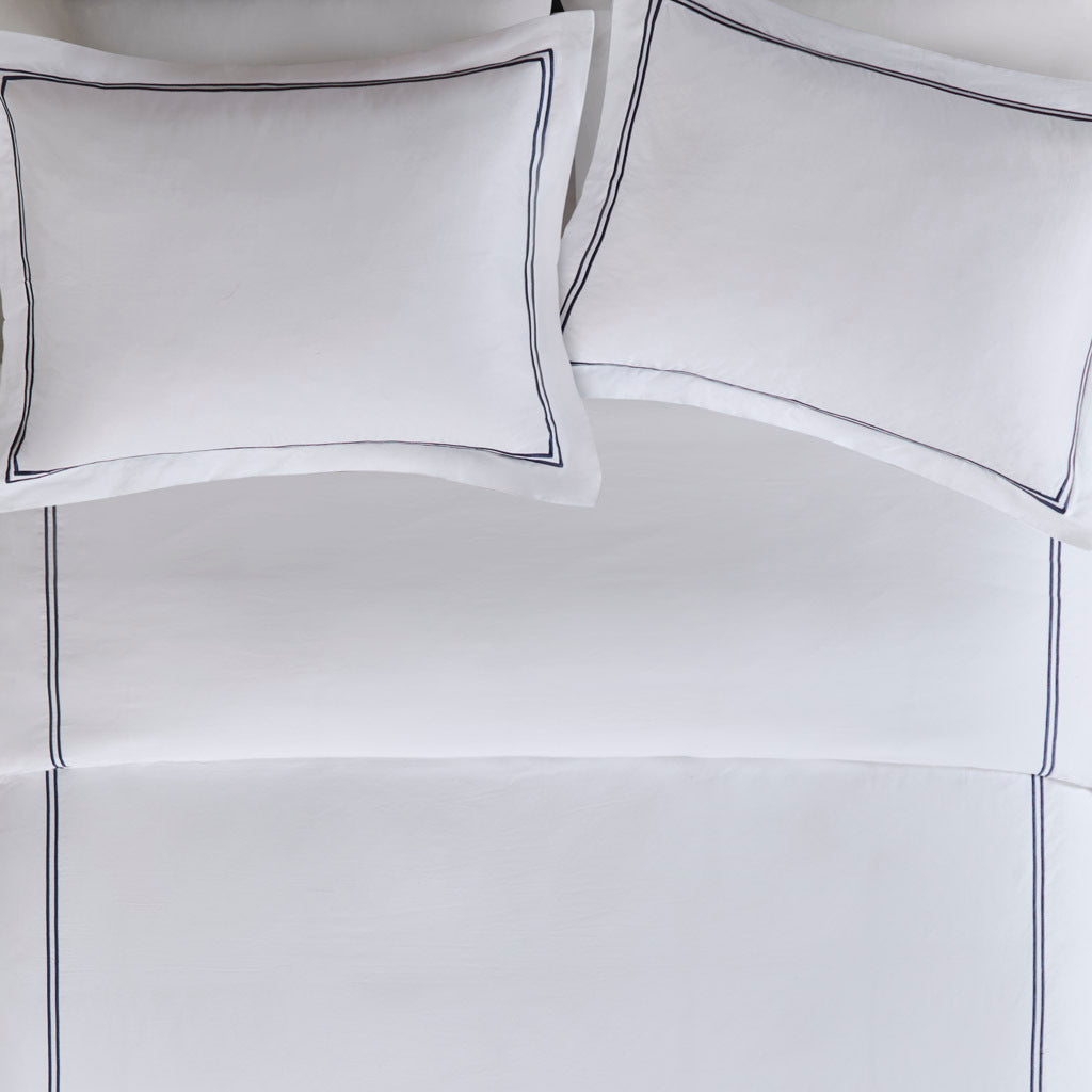 100% Cotton Sateen Embroidered Comforter Set White Navy Cotton