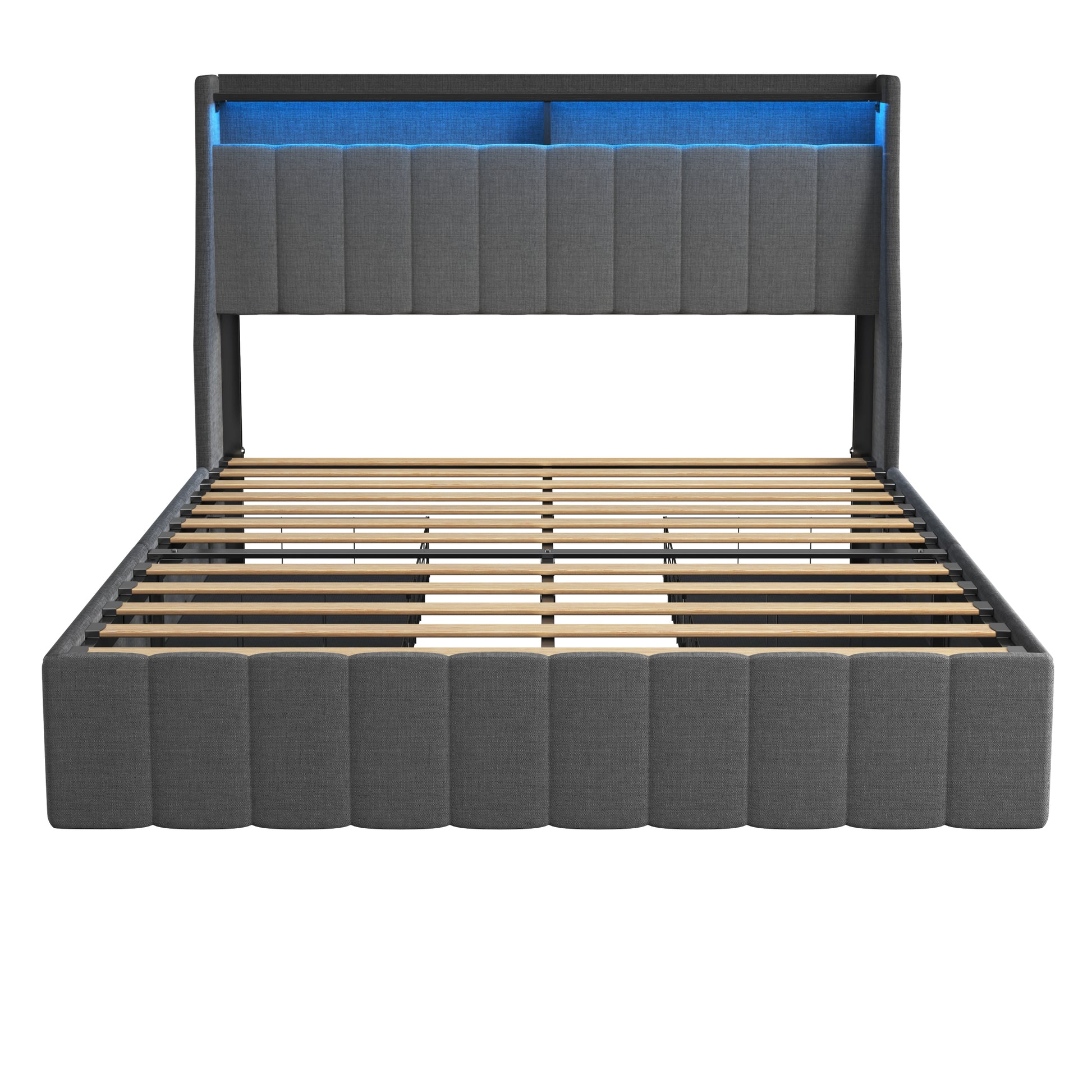 Queen Size Bed Frame With Led, 4 Under Bed Portable Storage Drawers, Wings Headboard Design, Dark Grey Box Spring Not Required Queen Dark Grey Metal Bedroom Bed Frame Upholstered Linen Upholstered