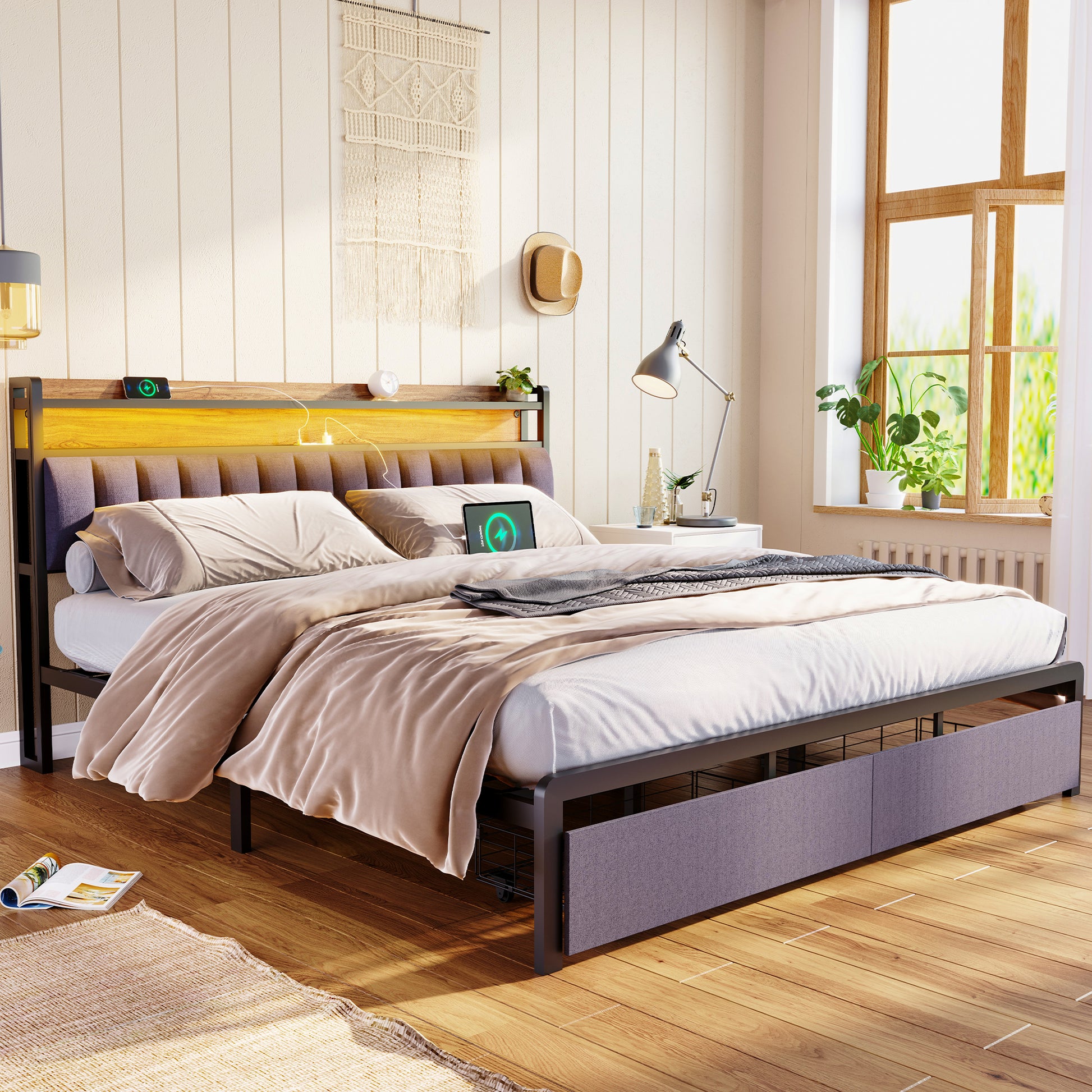 King Bed Frames With Storage Headboard And Drawers, Led Platform Bed Frame King Size, Led Upholstered Bed Frame With Charging Station, No Box Spring Needed, Easy Assembly, Grey Box Spring Not Required King Gray Metal Bedroom Bed Frame Mdf Metal