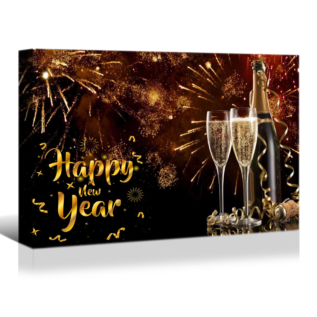 Framed Canvas Wall Art Decor Painting For Year, Golden Happy Year Bless Champagne Gift Painting For Year Gift, Decoration For Chrismas Eve Office Living Room, Bedroom Decor Ready To Hang Rectangle Framed Multicolor Year'S Oversized 41In Canvas Cultures