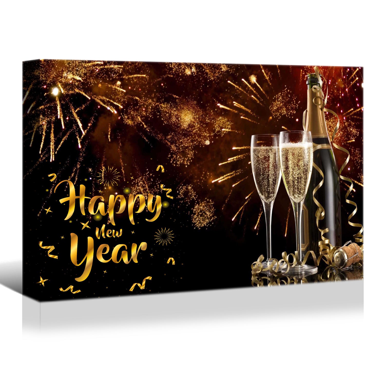 Framed Canvas Wall Art Decor Painting For Year, Golden Happy Year Bless Champagne Painting For Year Gift, Decoration For Chrismas Eve Living Room, Bedroom Decor 3624In Thickness 1.5Inch Rectangle Framed Multicolor Year'S Oversized 41In Canvas Cultures