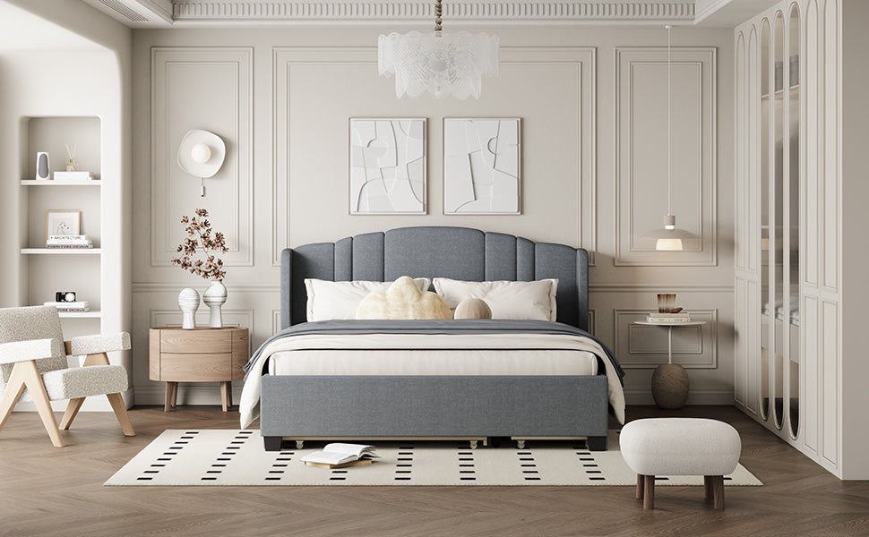 Upholstered Platform Bed With Wingback Headboard, One Twin Trundle And 2 Drawers, No Box Spring Needed, Linen Fabric, Queen Size Gray Gray Linen