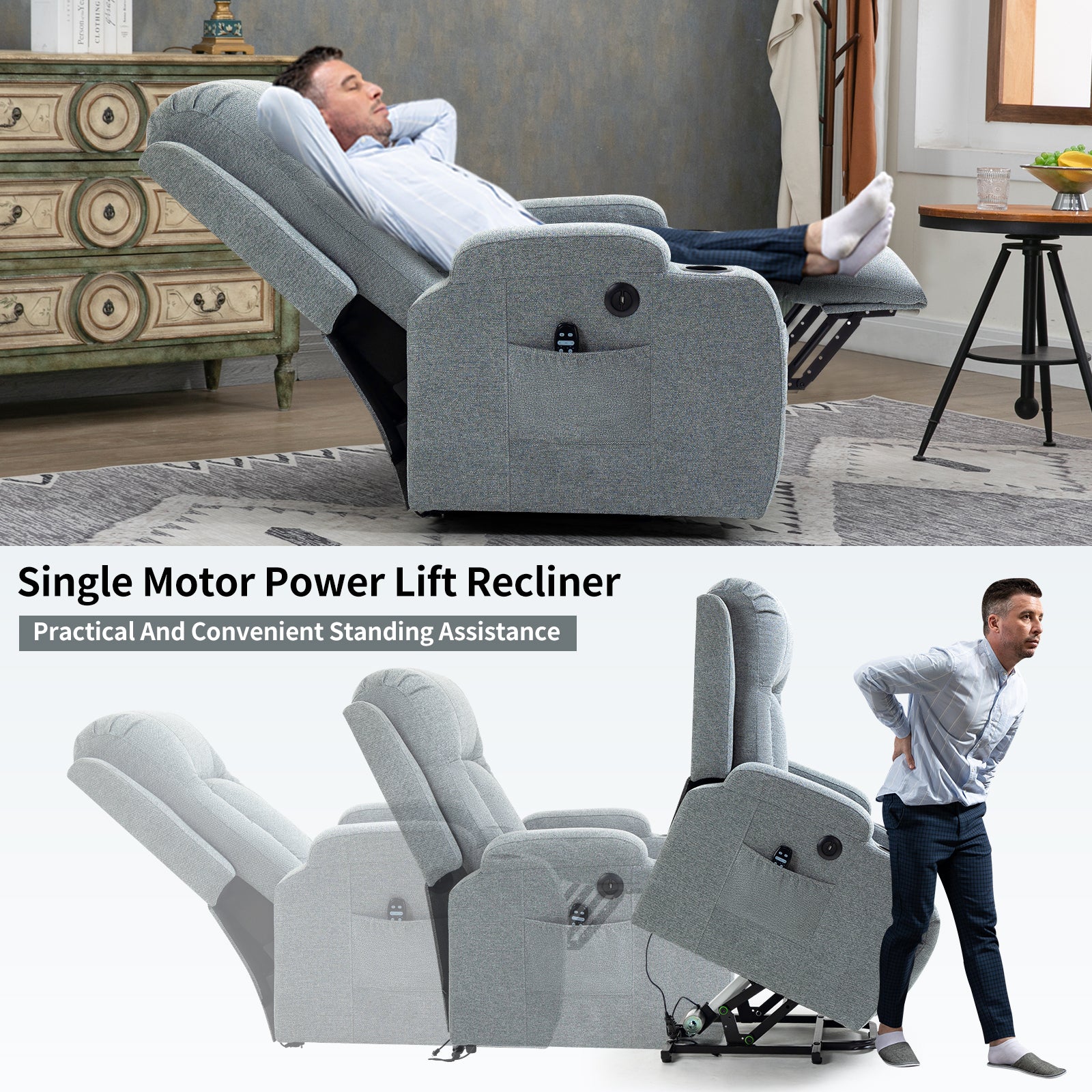 Infinite Position Single Motor Up To 350 Lbs Power Lift Recliner Chair For Elderly, Heavy Duty Motion Mechanism With 8 Point Vibration Massage And Lumbar Heating, Usb Charging Port, Cup Holders, Grey White Metal Primary Living Space Heavy Duty Pine Grey