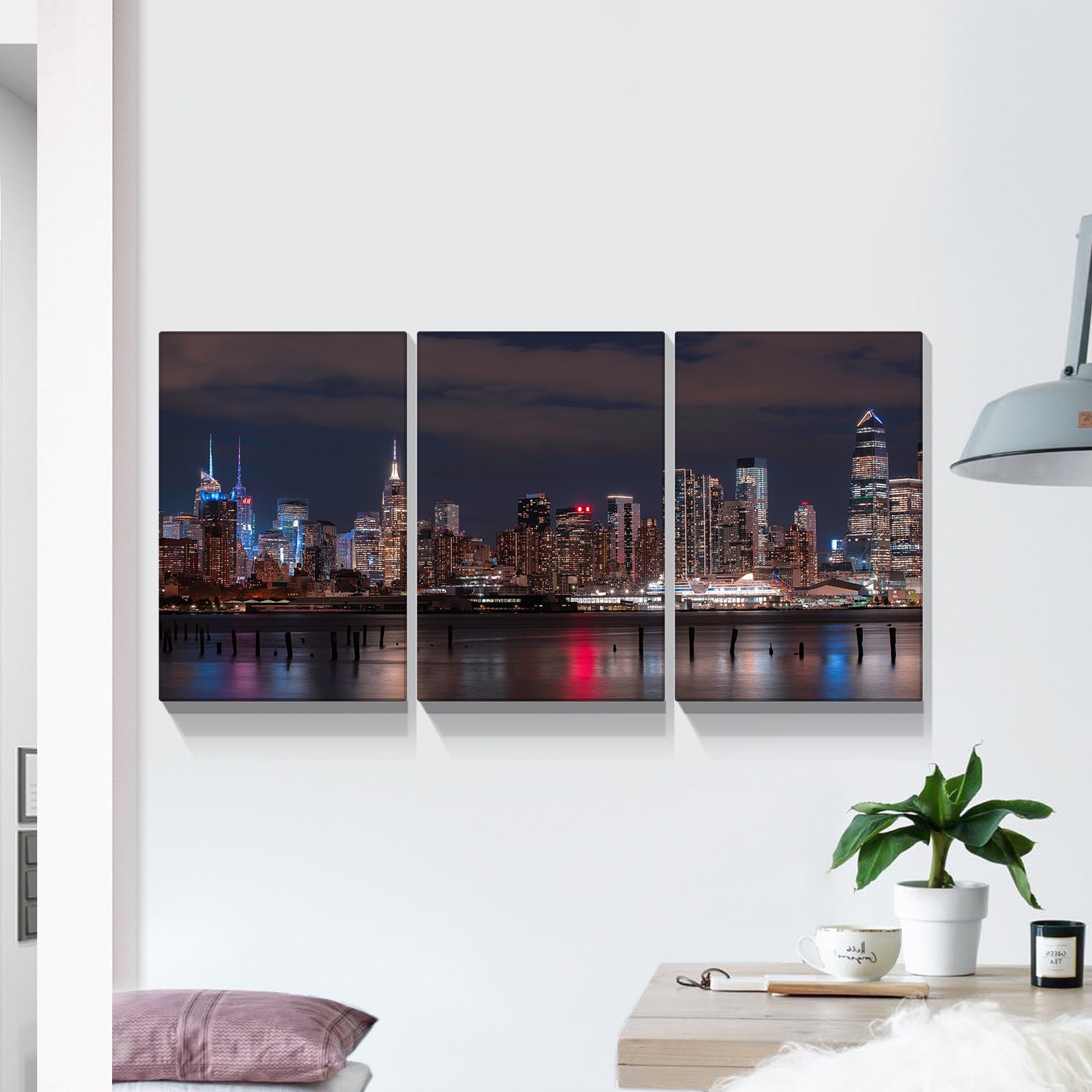 3 Panels Framed Canvas City Night Scape Wall Art Decor,3 Pieces Mordern Canvas Painting Decoration Painting For Chrismas Gift, Office,Dining Room,Living Room, Bathroom, Bedroom Decor Ready To Hang Rectangle Framed Multicolor Oversized 41In Canvas Cities