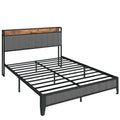 Full Size Bed Frame With Charging Station, Upholstered Headboard, Metal Platform, Grey Box Spring Not Required Full Dark Gray Metal Bedroom Bed Frame Upholstered Linen Metal