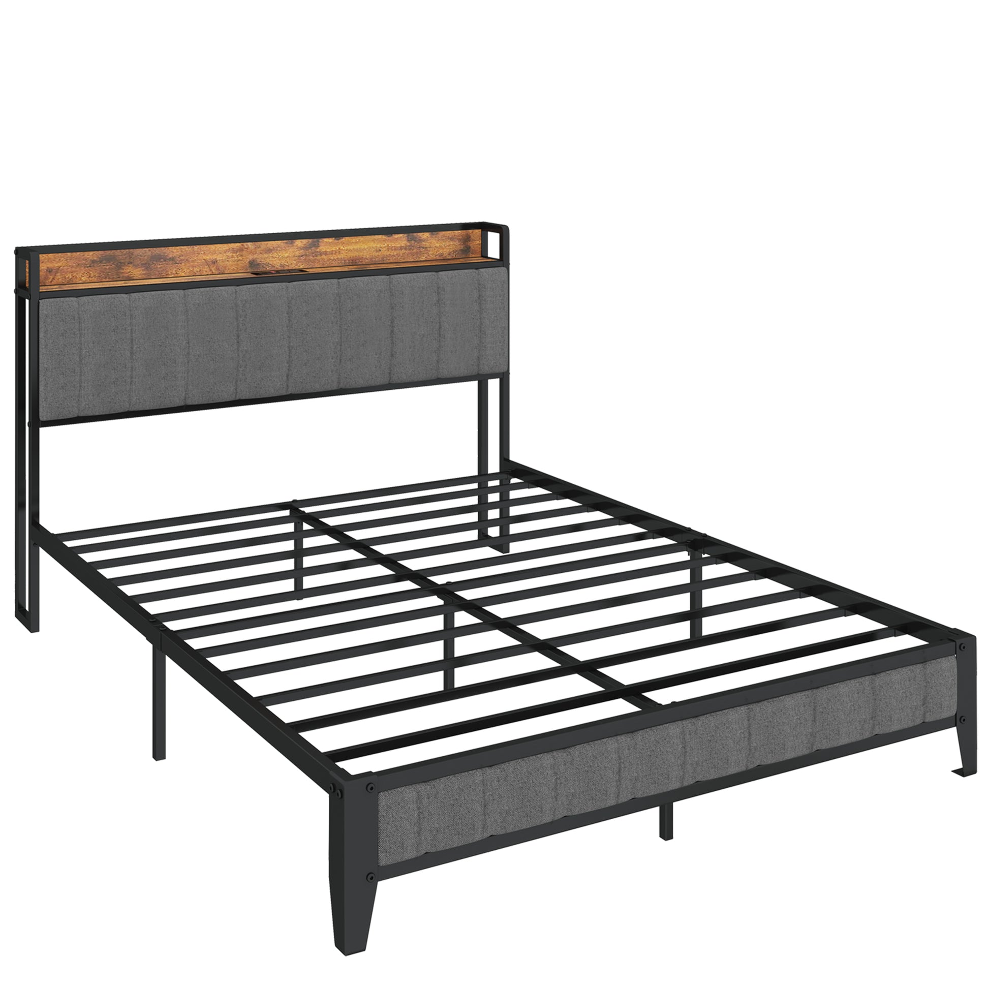 Full Size Bed Frame With Charging Station, Upholstered Headboard, Metal Platform, Grey Box Spring Not Required Full Dark Gray Metal Bedroom Bed Frame Upholstered Linen Metal