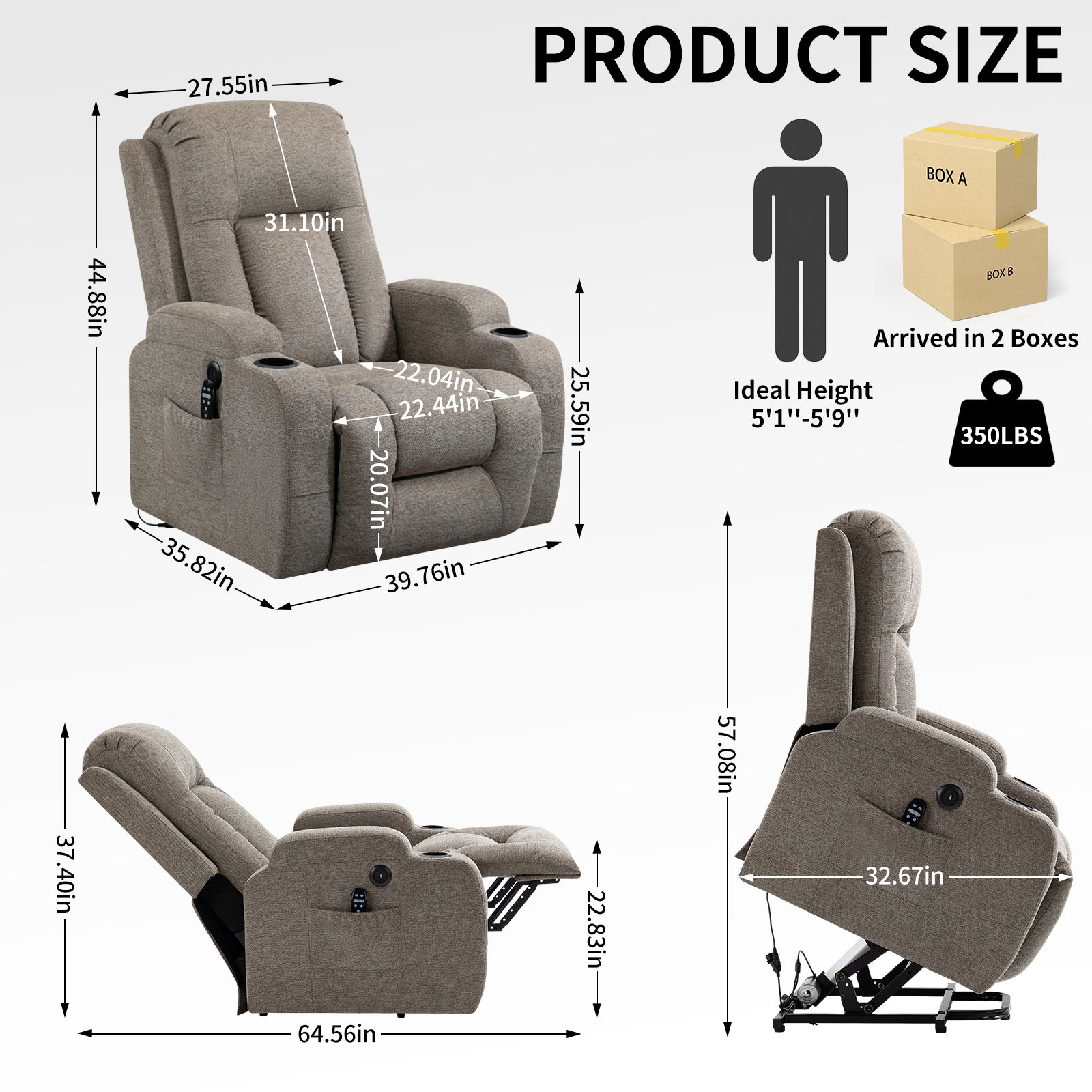 Infinite Position Single Motor Up To 350 Lbs Power Lift Recliner Chair For Elderly, Heavy Duty Motion Mechanism With 8 Point Vibration Massage And Lumbar Heating, Usb Charging Port, Cup Holders, Brown White Metal Primary Living Space Heavy Duty Pine