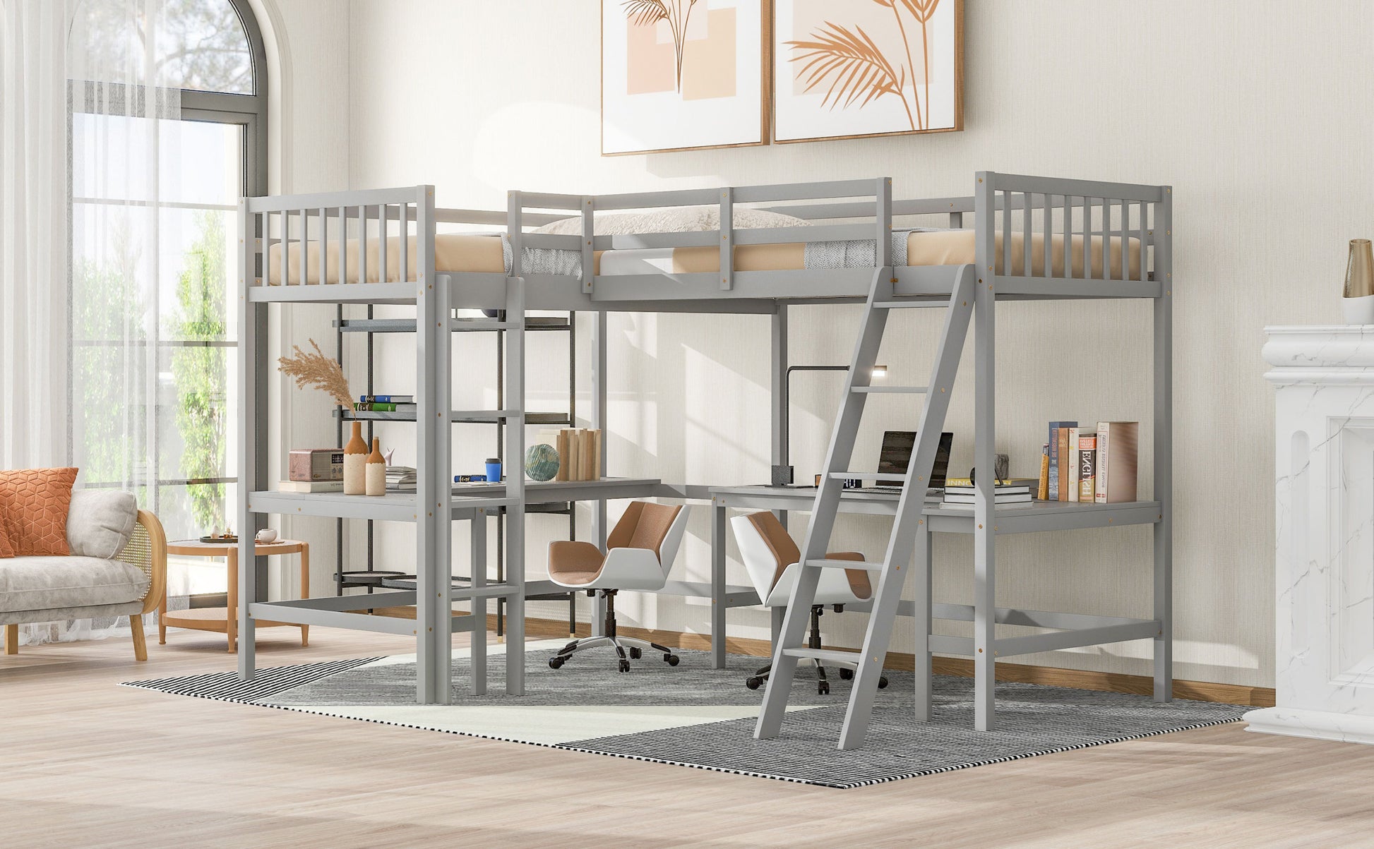 Wood Twin Size L Shaped Loft Bed With Ladder And 2 Built In L Shaped Desks, Gray Box Spring Not Required Twin White Wood Bedroom Solid Wood Mdf