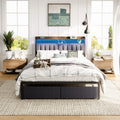 Queen Bed Frames With Storage Headboard And Drawers, Led Platform Bed Frame Queen Size, Led Upholstered Bed Frame With Charging Station, No Box Spring Needed, Easy Assembly, Grey Box Spring Not Required Gray Metal Bedroom Bed Frame Mdf Metal