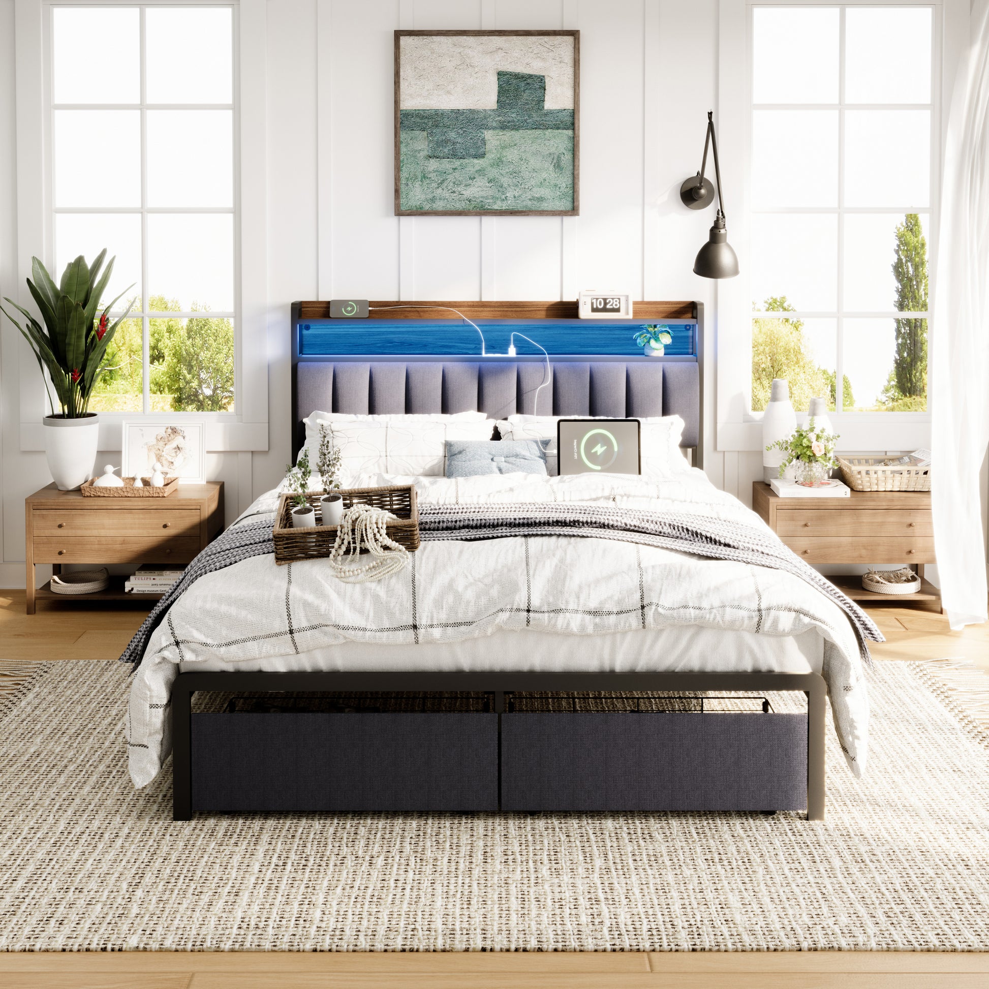 Queen Bed Frames With Storage Headboard And Drawers, Led Platform Bed Frame Queen Size, Led Upholstered Bed Frame With Charging Station, No Box Spring Needed, Easy Assembly, Grey Box Spring Not Required Gray Metal Bedroom Bed Frame Mdf Metal
