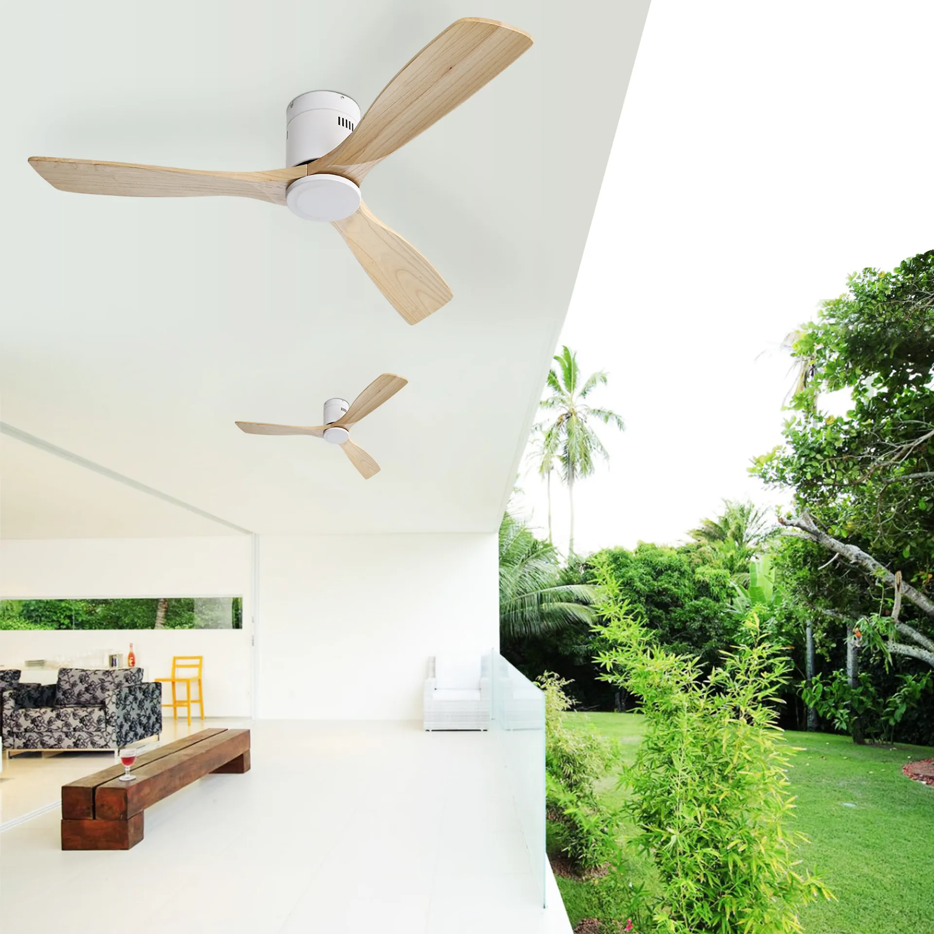 52 Inch Ceiling Fan Natural 3 Solid Wood Fan Blade Noiseless Reversible Dc Motor Remote Control For Living Room White Metal & Wood