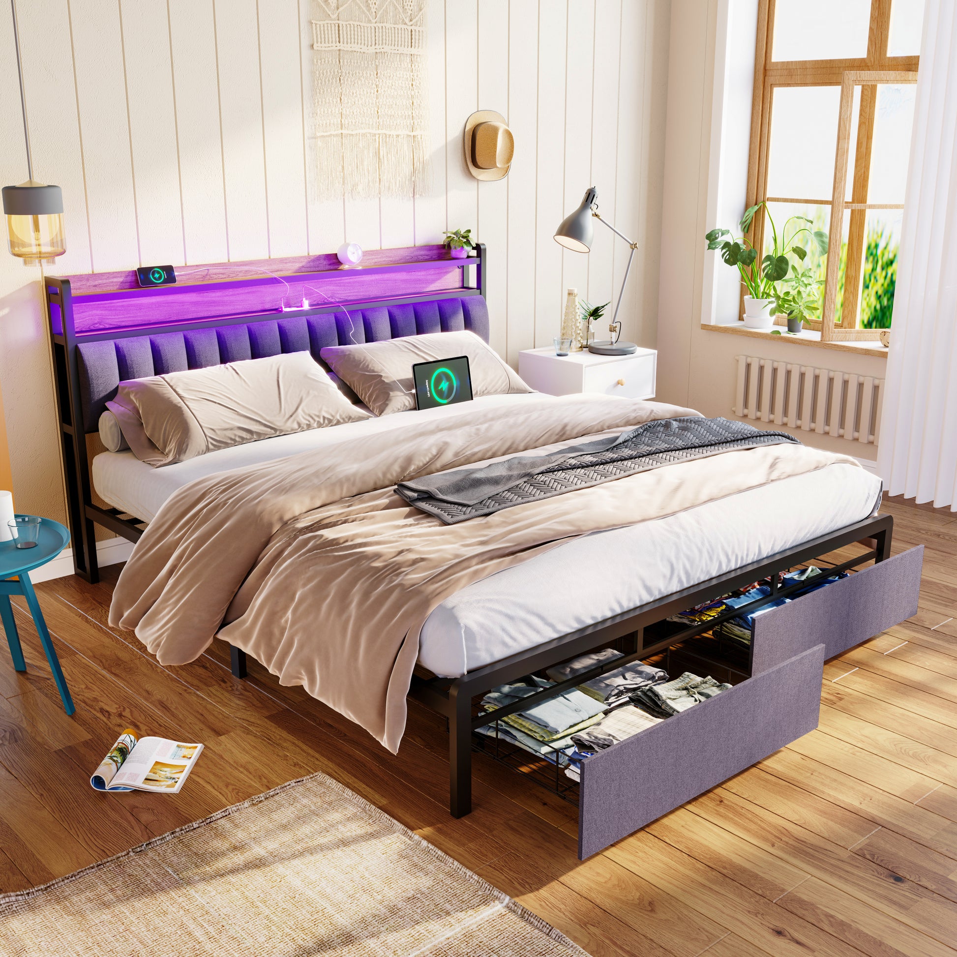 King Bed Frames With Storage Headboard And Drawers, Led Platform Bed Frame King Size, Led Upholstered Bed Frame With Charging Station, No Box Spring Needed, Easy Assembly, Grey Box Spring Not Required King Gray Metal Bedroom Bed Frame Mdf Metal