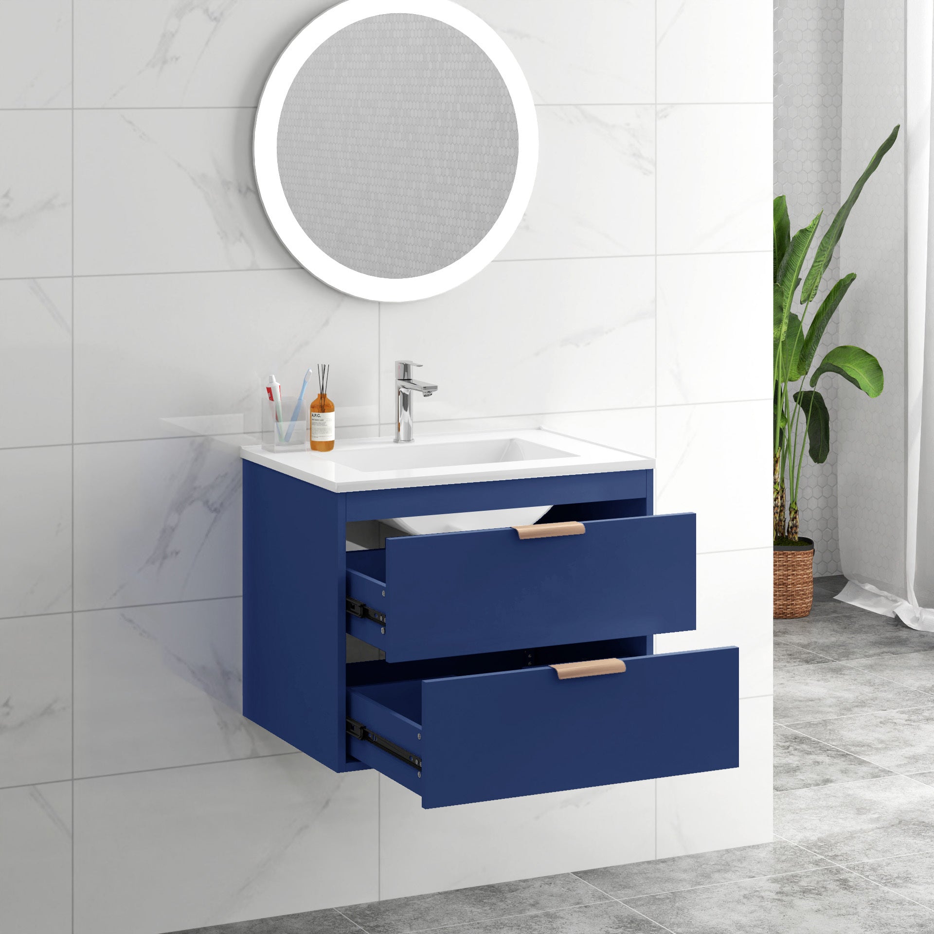 24" Floating Wall Mounted Bathroom Vanity With White Ceramic Sink And Drawer Storage Blue Wall Mounted Ceramic Mdf