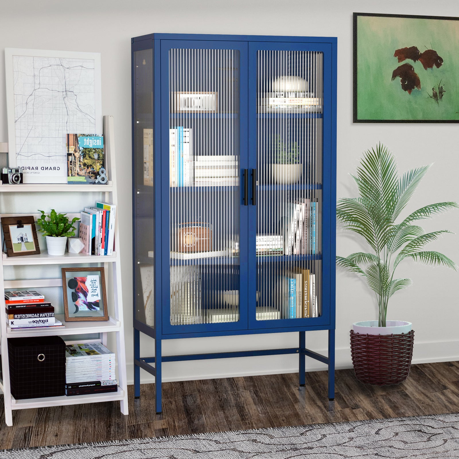 Double Glass Door Storage Cabinet With Adjustable Shelves And Feet Cold Rolled Steel Sideboard Furniture For Living Room Kitchen Blue Blue Tempered Glass