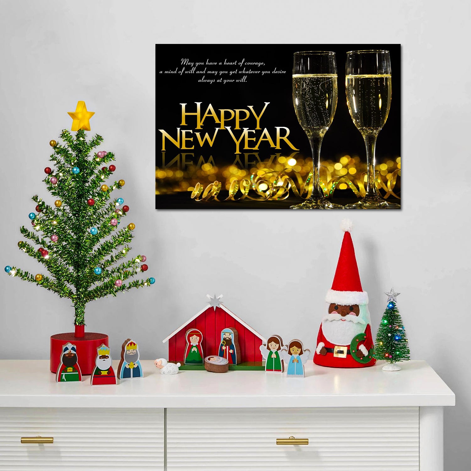 Framed Canvas Wall Art Decor Painting For Year, Golden Happy Year Bless Champagne Gift Painting For Year For Chrismas Eve Office Living Room, Bedroom Decor 3624In Thickness 1.5Inch Rectangle Framed Multicolor Year'S Oversized 41In Canvas Cultures And