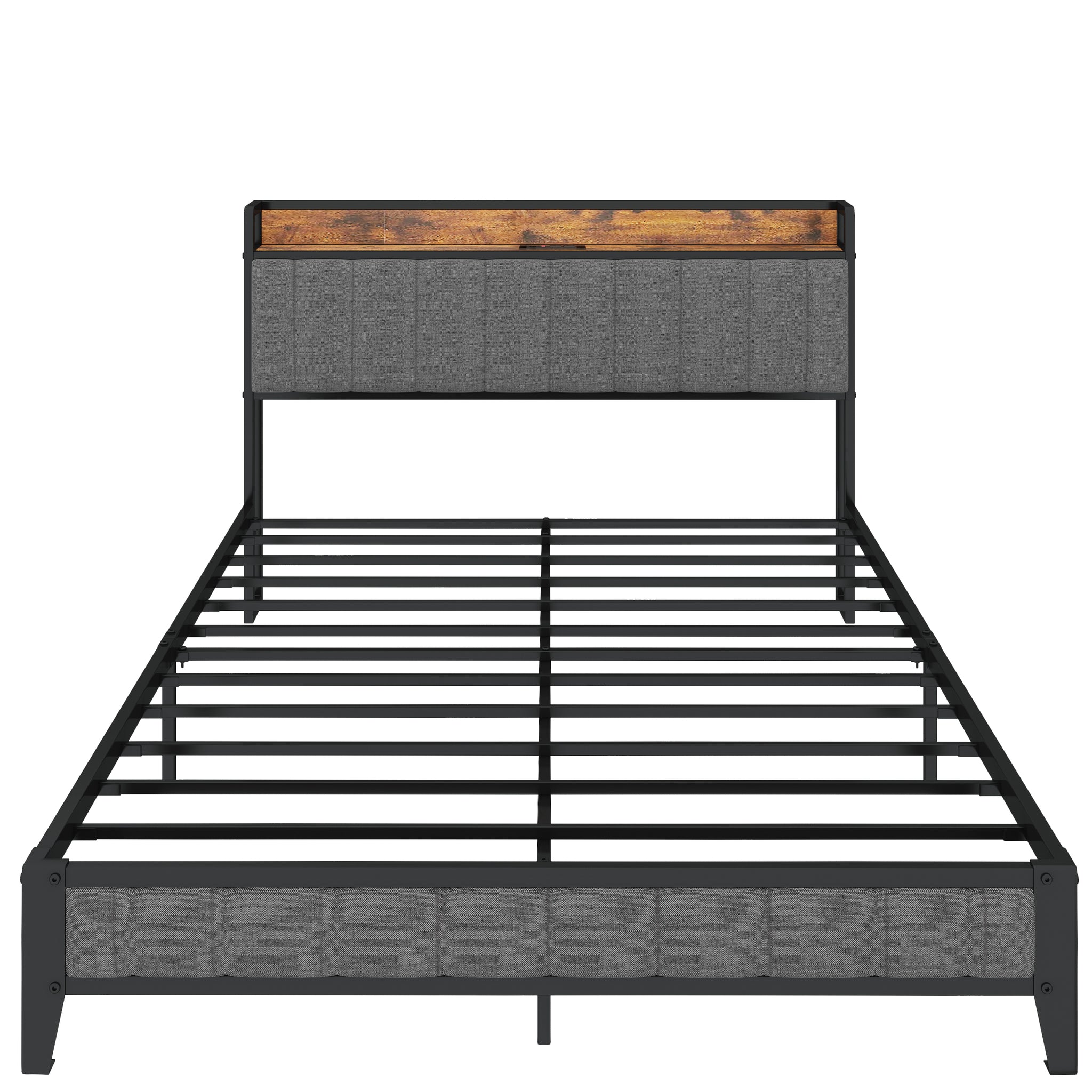 Full Size Bed Frame With Charging Station, Upholstered Headboard, Metal Platform, Grey Box Spring Not Required Full Dark Gray Metal Bedroom Bed Frame Upholstered Linen Metal