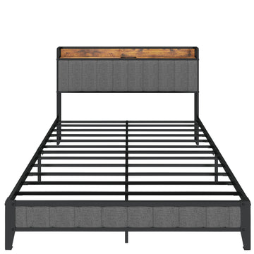 Full Size Bed Frame With Charging Station, Upholstered Headboard, Metal Platform, Grey Box Spring Not Required Full Dark Gray Metal Bedroom Bed Frame Upholstered Linen Metal