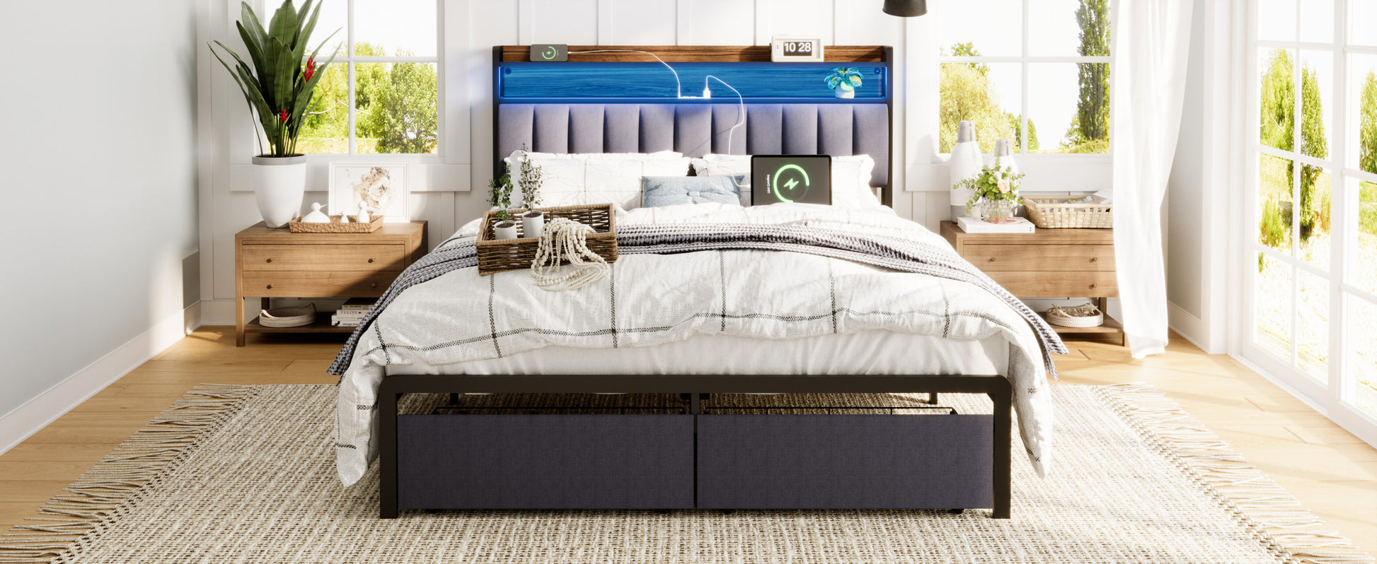 Full Bed Frames With Storage Headboard And Drawers, Led Platform Bed Frame Full Size, Led Upholstered Bed Frame With Charging Station, No Box Spring Needed, Easy Assembly, Grey Box Spring Not Required Full Gray Metal Bedroom Bed Frame Fabric Metal