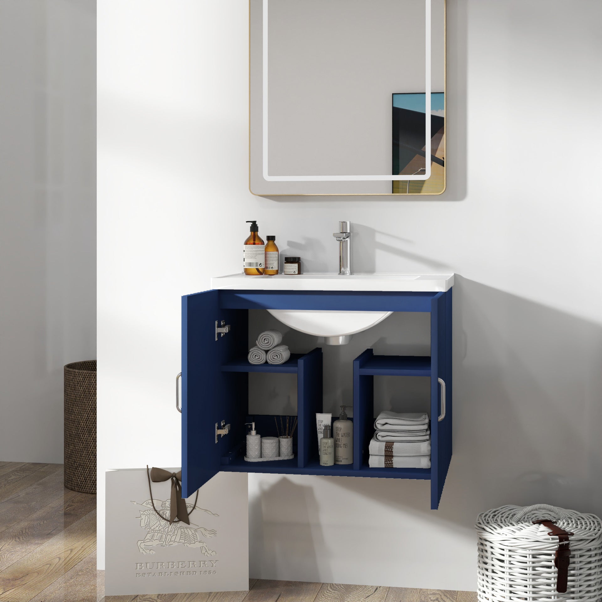 24" Floating Wall Mounted Bathroom Vanity With White Porcelain Sink And Soft Close Doors Blue Ceramic Mdf