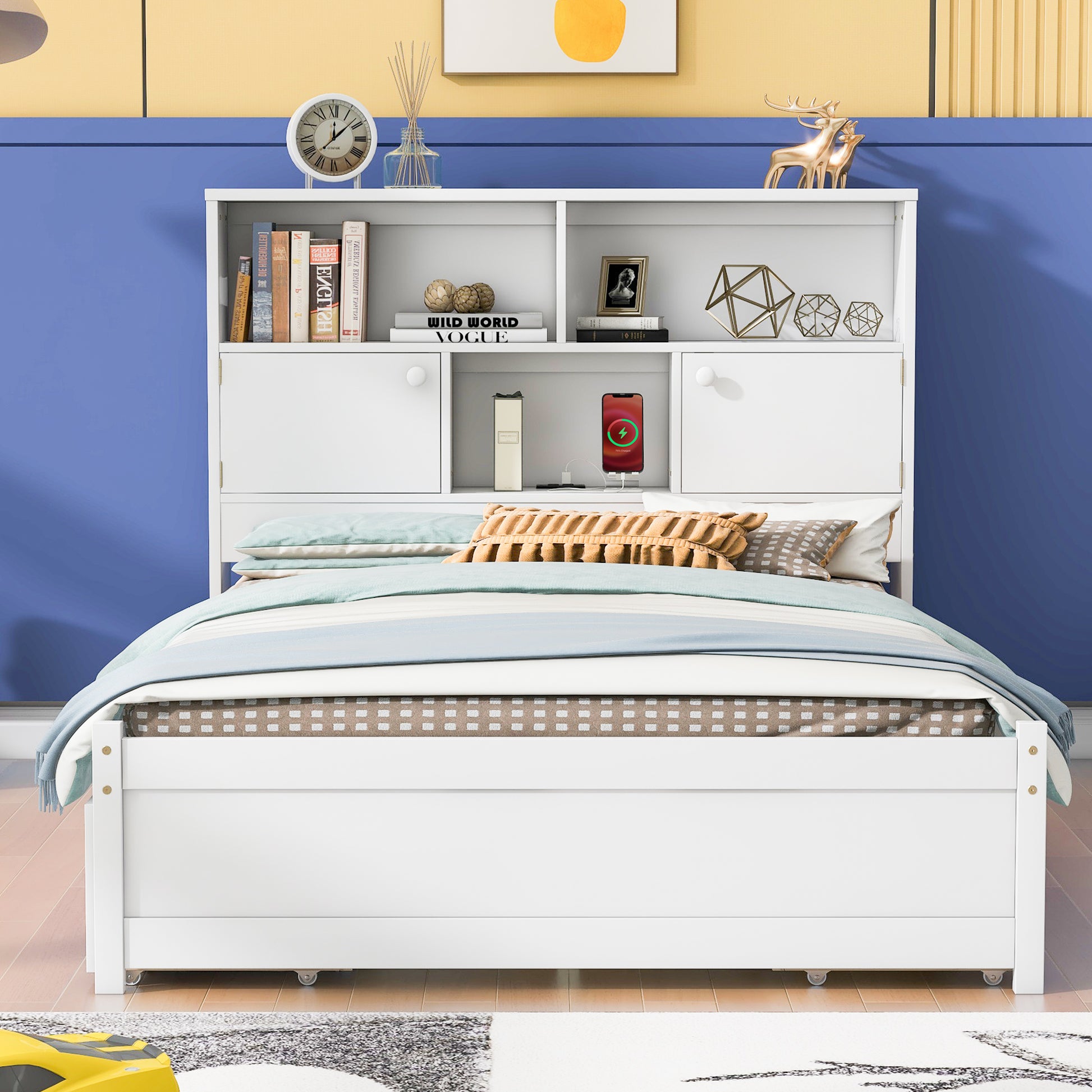 Full Size Platform Bed With Storage Headboard, Charging Station And 4 Drawers, White Box Spring Not Required Full White Wood Bedroom Bed Frame Solid Wood Mdf