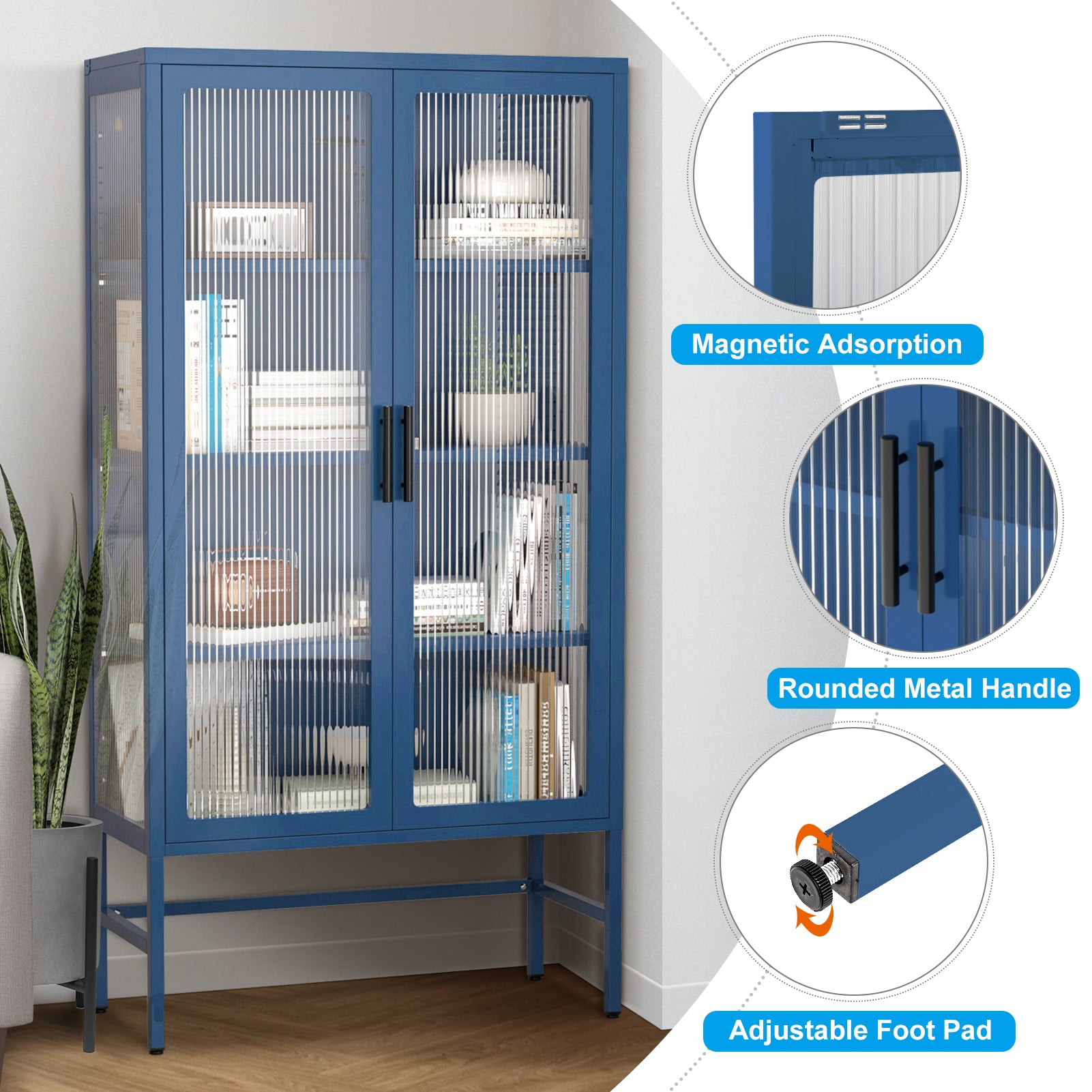 Double Glass Door Storage Cabinet With Adjustable Shelves And Feet Cold Rolled Steel Sideboard Furniture For Living Room Kitchen Blue Blue Tempered Glass