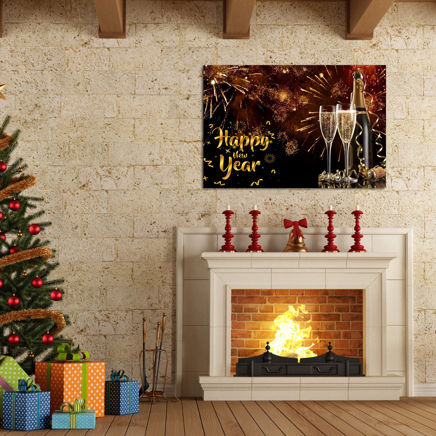 Framed Canvas Wall Art Decor Painting For Year, Golden Happy Year Bless Champagne Gift Painting For Yeardecoration For Chrismas Eve Living Room, Bedroom Decor 1812In Thickness 1.5 Rectangle Framed Multicolor Year'S Oversized 41In Canvas Cultures And