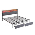 King Bed Frames With Storage Headboard And Drawers, Led Platform Bed Frame King Size, Led Upholstered Bed Frame With Charging Station, No Box Spring Needed, Easy Assembly, Grey Box Spring Not Required King Gray Metal Bedroom Bed Frame Mdf Metal