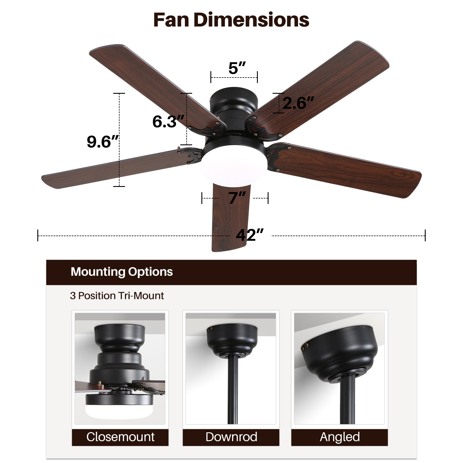 Low Profile 42 Inch Ceiling Fan 5 Blades Noiseless Reversible Dc Motor Remote Control With Led Light Black Mdf