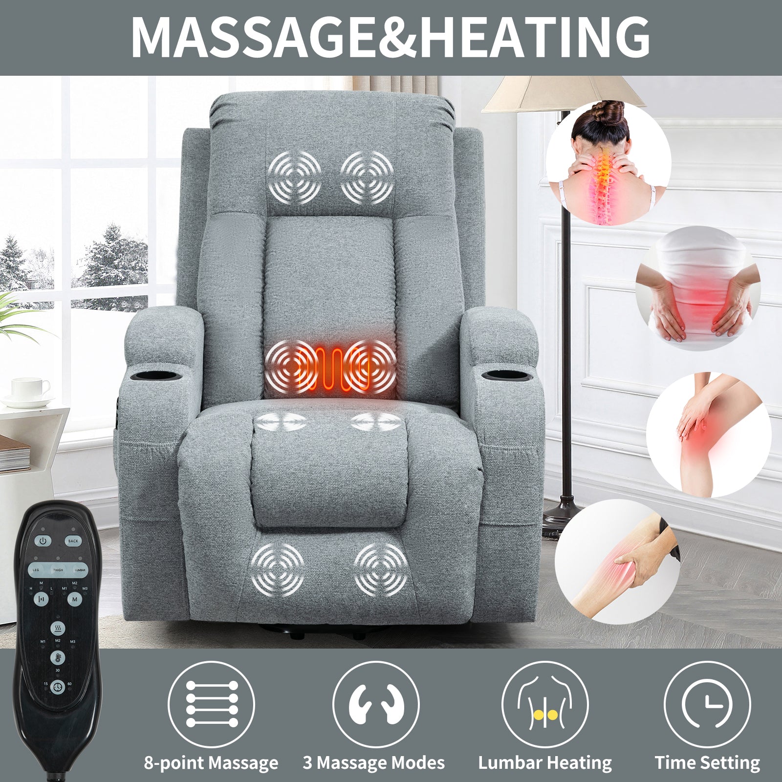 Infinite Position Single Motor Up To 350 Lbs Power Lift Recliner Chair For Elderly, Heavy Duty Motion Mechanism With 8 Point Vibration Massage And Lumbar Heating, Usb Charging Port, Cup Holders, Grey White Metal Primary Living Space Heavy Duty Pine Grey