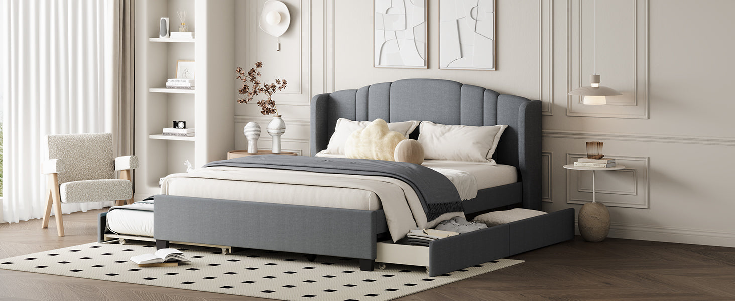 Upholstered Platform Bed With Wingback Headboard, One Twin Trundle And 2 Drawers, No Box Spring Needed, Linen Fabric, Queen Size Gray Gray Linen