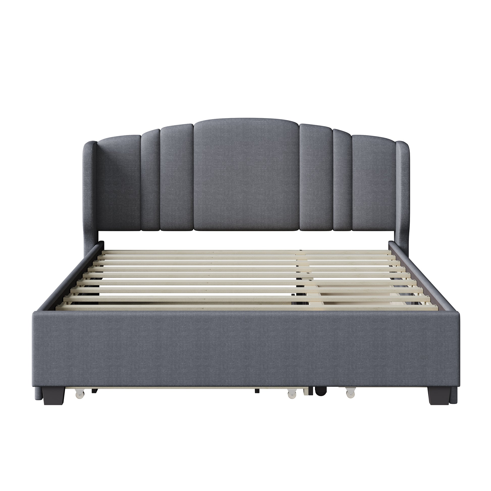 Upholstered Platform Bed With Wingback Headboard, One Twin Trundle And 2 Drawers, No Box Spring Needed, Linen Fabric, Queen Size Gray Gray Linen