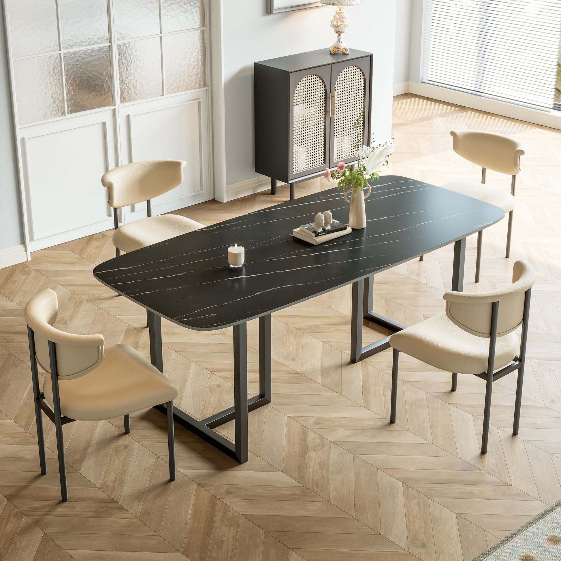 Carbon Steel Dining Table With Lauren Black Gold Stone Surface Supports Up To 64 Kg Excluding Chairs Black Gold Carbon Steel