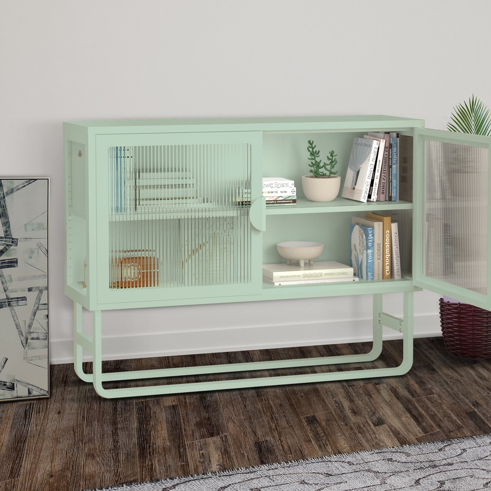 Stylish Tempered Glass Cabinet Credenza With 2 Fluted Glass Doors Adjustable Shelf U Shaped Leg Anti Tip Dust Free Enclosed Cupboard For Kitchen Living Room Light Green Light Green Tempered Glass