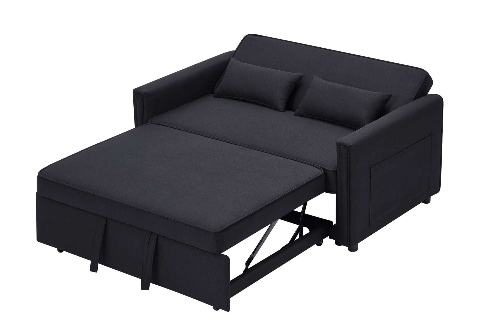 Modern Linen Convertible Loveseat Sleeper Sofa Couch With Adjustable Backrest, 2 Seater Sofa With Pull Out Bed With 2 Lumbar Pillows For Small Living Room & Apartment Black Polyester