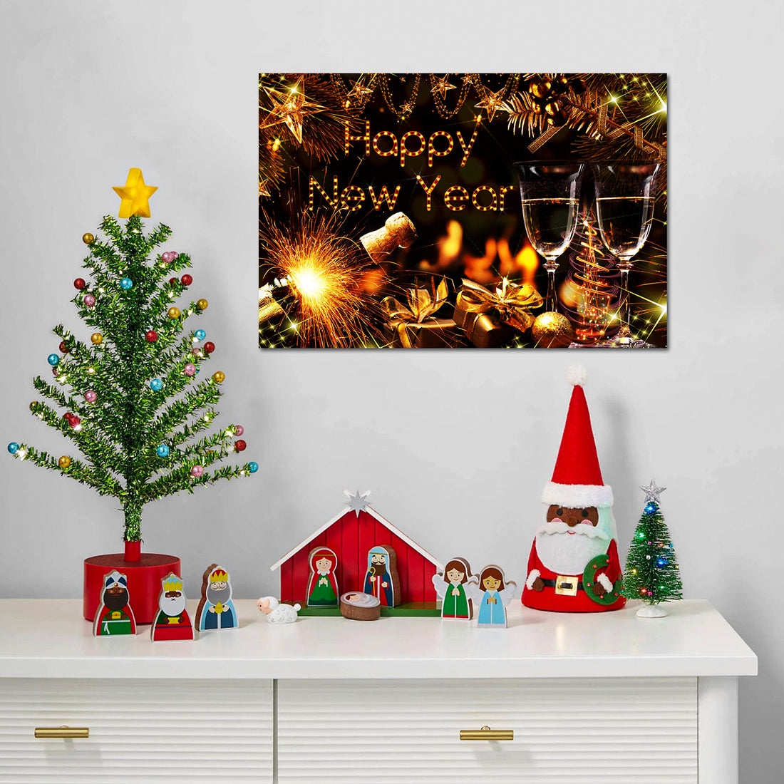 1Pcs Framed Canvas Wall Art Decor Painting For Year, Golden Happy Year Bless Champagne Gift Painting For Year Gift, Decoration For Chrismas Eve Office Living Room 2418In Thickness 1.5Inch Rectangle Framed Multicolor Year'S Oversized 41In Canvas Cultures