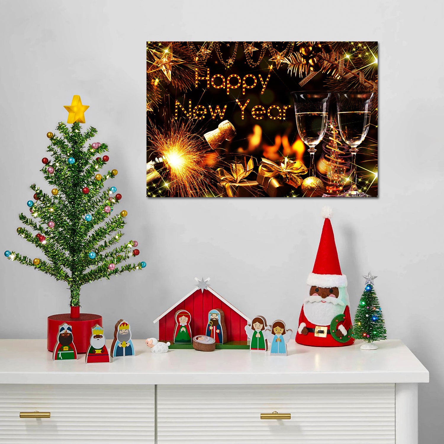 1Pcs Framed Canvas Wall Art Decor Painting For Year, Golden Happy Year Bless Champagne Gift Painting For Year Gift, Decoration For Chrismas Eve Office Living Room 3624In Thickness 1.5Inch Rectangle Framed Multicolor Year'S Oversized 41In Canvas Cultures