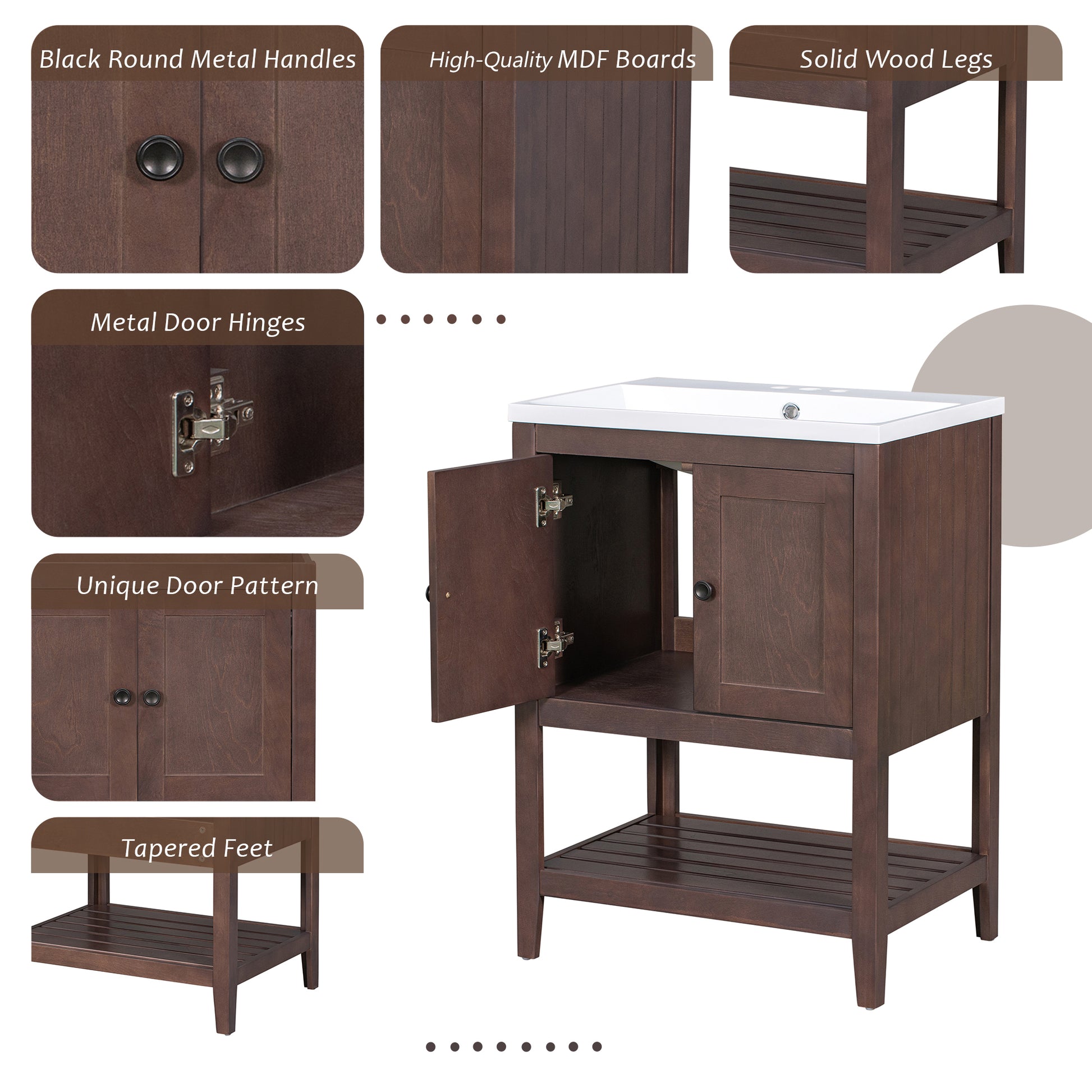 Video 24" Brown Modern Sleek Bathroom Vanity Elegant Ceramic Sink With Solid Wood Frame Open Style Shelf Old Sku: Jl000004Aad Brown Solid Wood Mdf