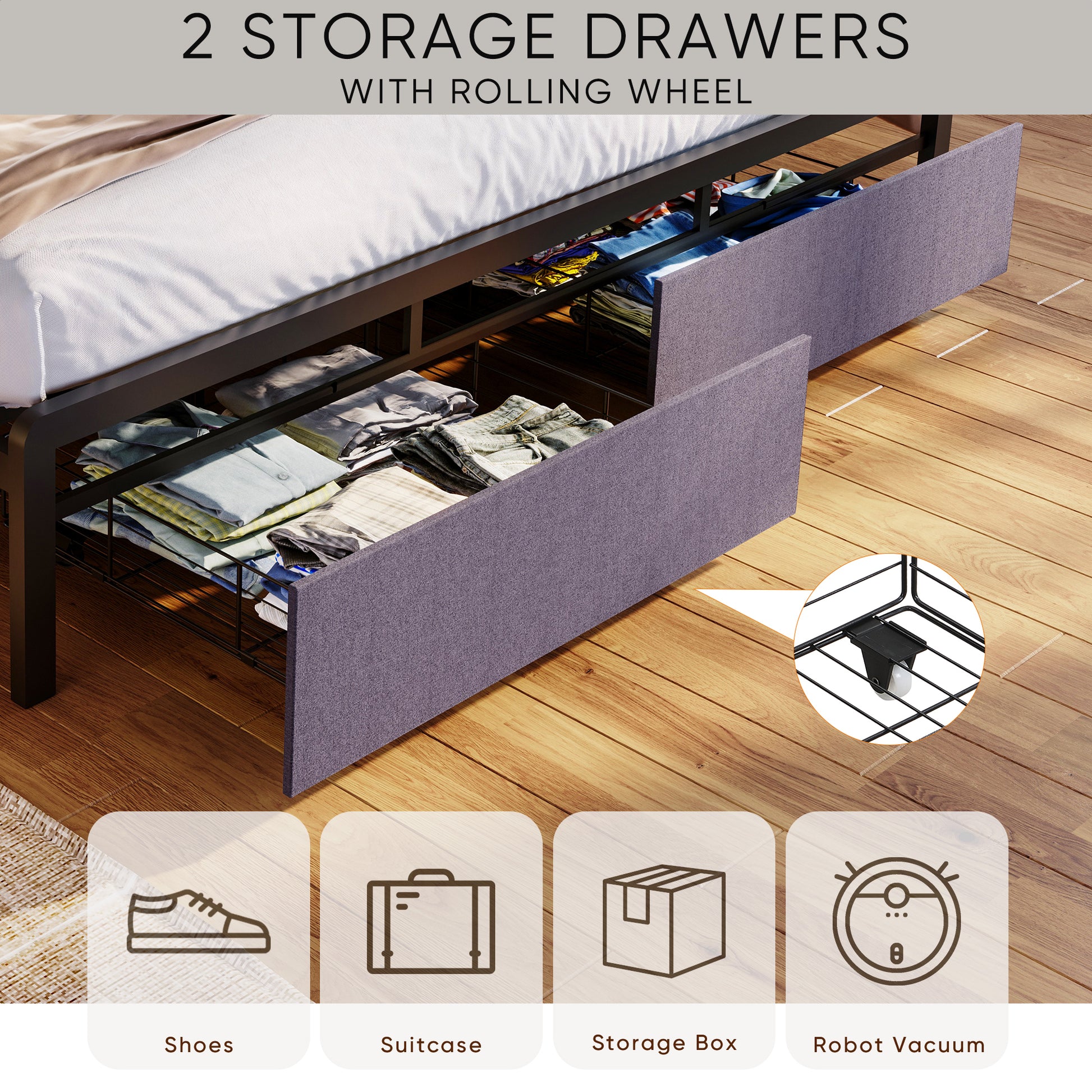 King Bed Frames With Storage Headboard And Drawers, Led Platform Bed Frame King Size, Led Upholstered Bed Frame With Charging Station, No Box Spring Needed, Easy Assembly, Grey Box Spring Not Required King Gray Metal Bedroom Bed Frame Mdf Metal