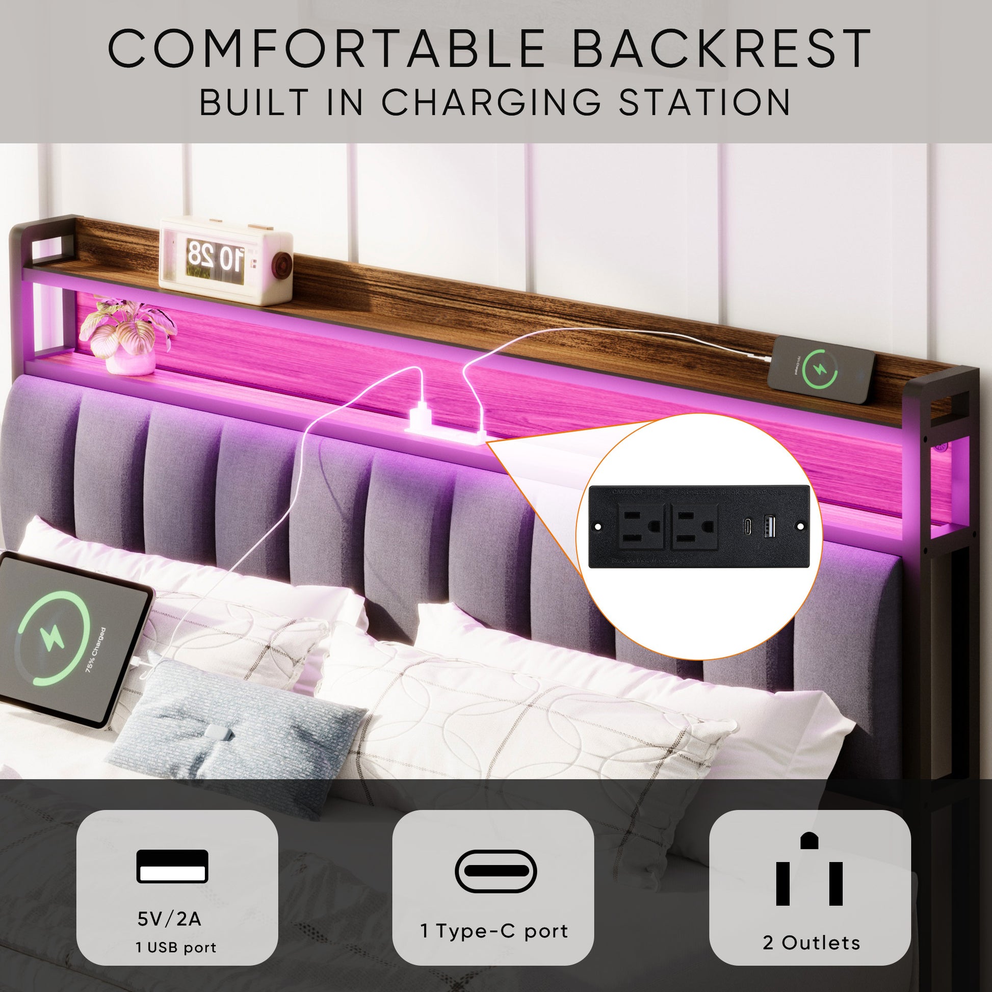 Queen Bed Frames With Storage Headboard And Drawers, Led Platform Bed Frame Queen Size, Led Upholstered Bed Frame With Charging Station, No Box Spring Needed, Easy Assembly, Grey Box Spring Not Required Gray Metal Bedroom Bed Frame Mdf Metal