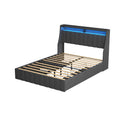 Queen Size Bed Frame With Led, 4 Under Bed Portable Storage Drawers, Wings Headboard Design, Dark Grey Box Spring Not Required Queen Dark Grey Metal Bedroom Bed Frame Upholstered Linen Upholstered