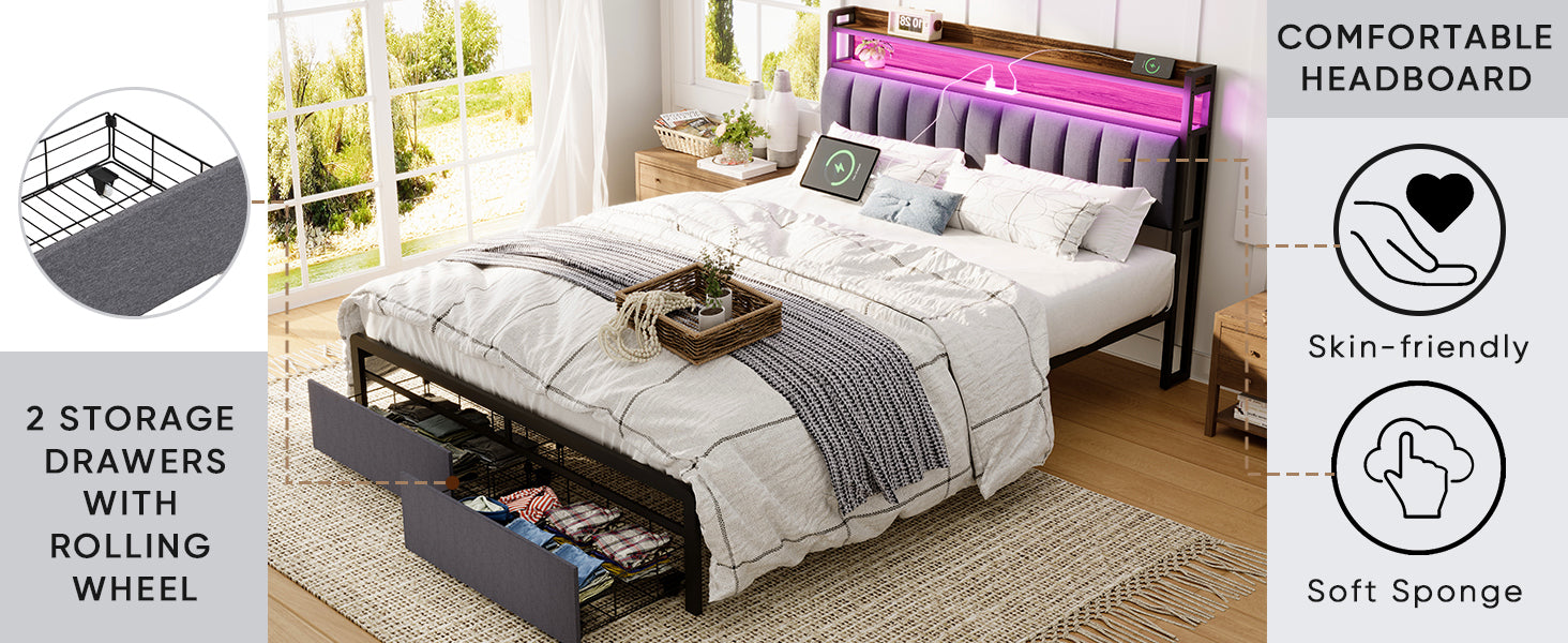 Queen Bed Frames With Storage Headboard And Drawers, Led Platform Bed Frame Queen Size, Led Upholstered Bed Frame With Charging Station, No Box Spring Needed, Easy Assembly, Grey Box Spring Not Required Gray Metal Bedroom Bed Frame Mdf Metal