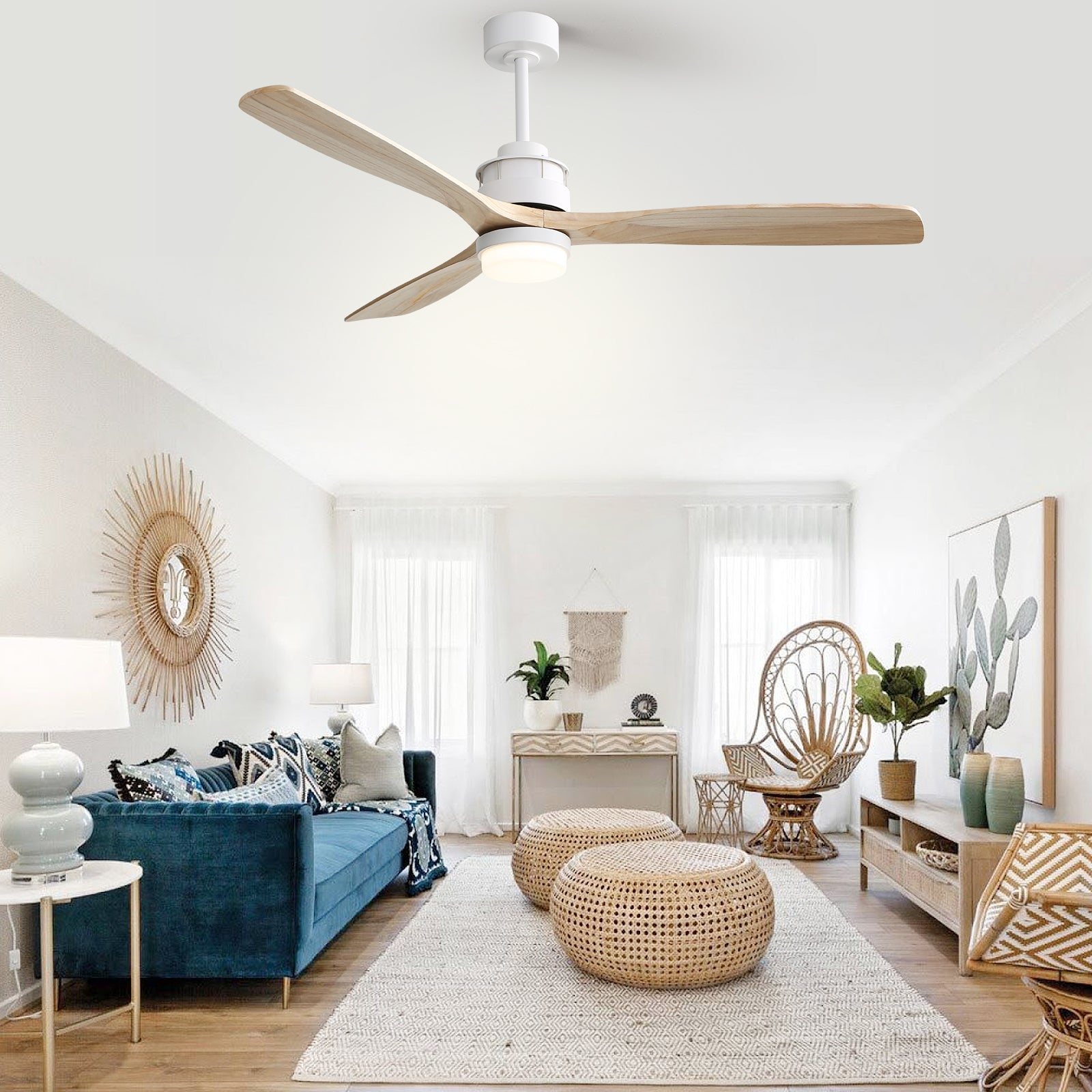 60 Inch Modern Remote Control, 3 Solid Wood Blades, Suitable For Indoor And Outdoor White Metal & Wood