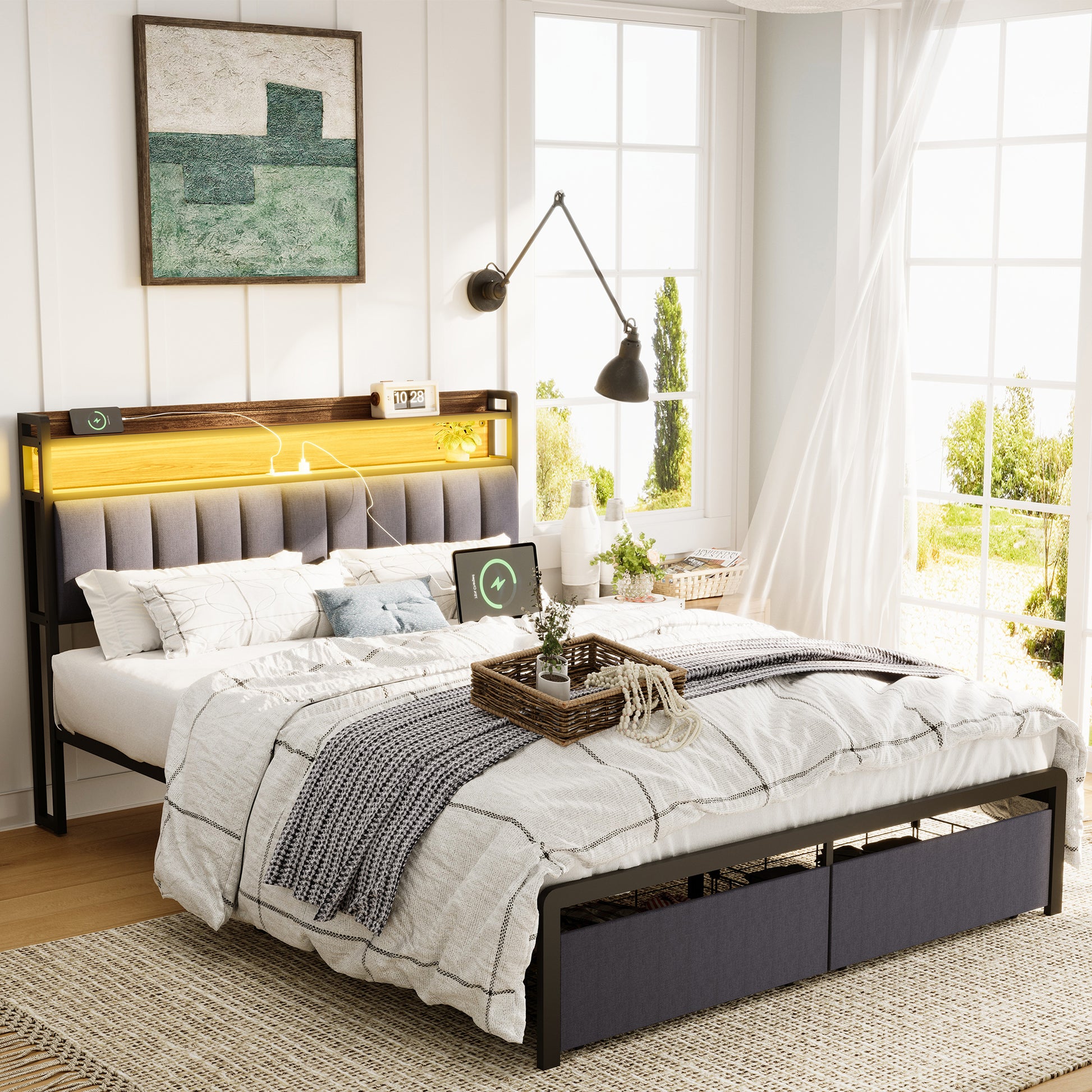 Queen Bed Frames With Storage Headboard And Drawers, Led Platform Bed Frame Queen Size, Led Upholstered Bed Frame With Charging Station, No Box Spring Needed, Easy Assembly, Grey Box Spring Not Required Gray Metal Bedroom Bed Frame Mdf Metal