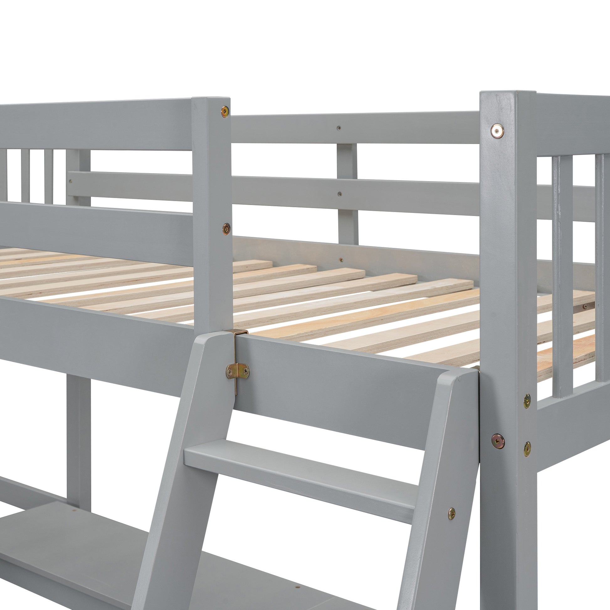 Wood Twin Size L Shaped Loft Bed With Ladder And 2 Built In L Shaped Desks, Gray Box Spring Not Required Twin White Wood Bedroom Solid Wood Mdf