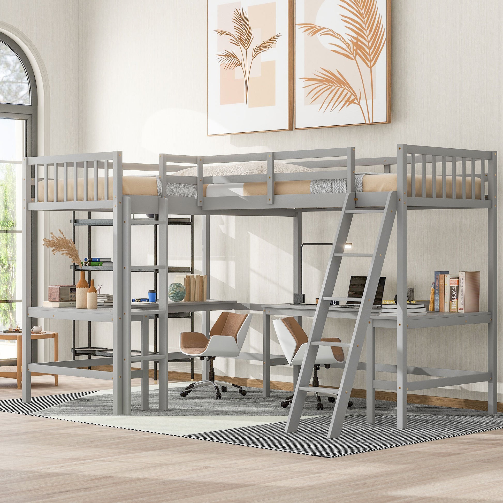 Wood Twin Size L Shaped Loft Bed With Ladder And 2 Built In L Shaped Desks, Gray Box Spring Not Required Twin White Wood Bedroom Solid Wood Mdf