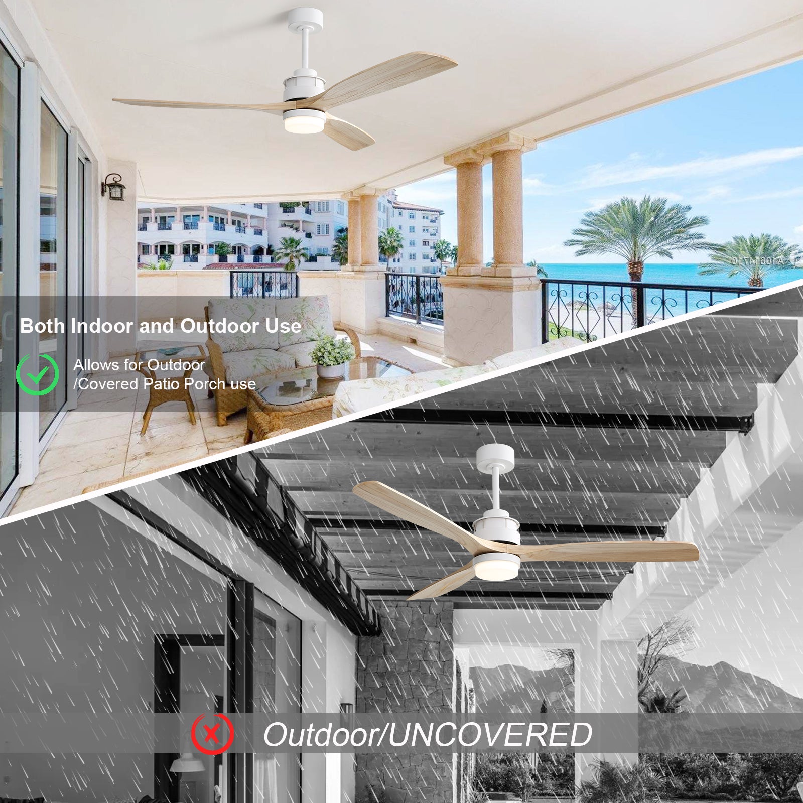 60 Inch Modern Remote Control, 3 Solid Wood Blades, Suitable For Indoor And Outdoor White Metal & Wood